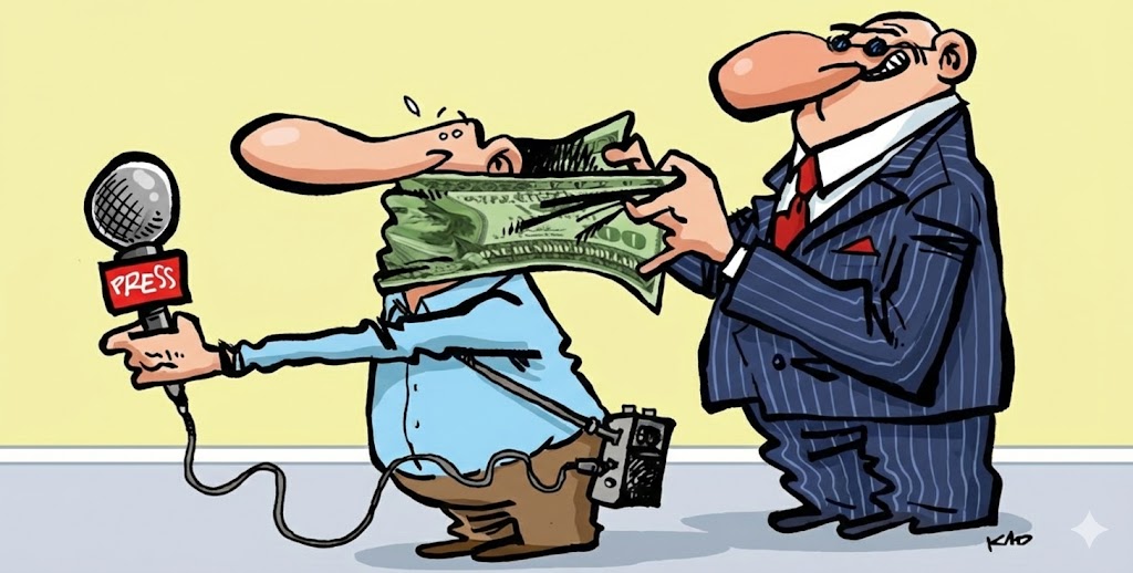 Karikatur: Geschäftsmann stoppt Reporter mit Geldschein als Maulkorb, Mikrofon "Press"